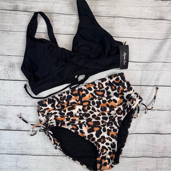 Aqua Eve NWT High Waisted Bikini Twist Front Top and Leopard Print Bottom Large - Picture 2 of 9